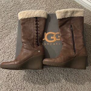 UGG Felicity Luggage5450 Women's Brown Wedge Winter Boots with Shearling.